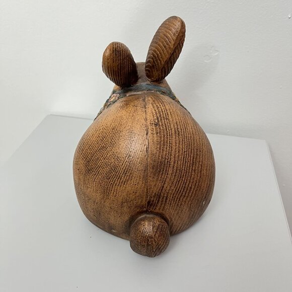 Vintage Resin 8" Faux Wooden Rabbit Figurine w/Flower Necklace Intricate - Picture 3 of 4